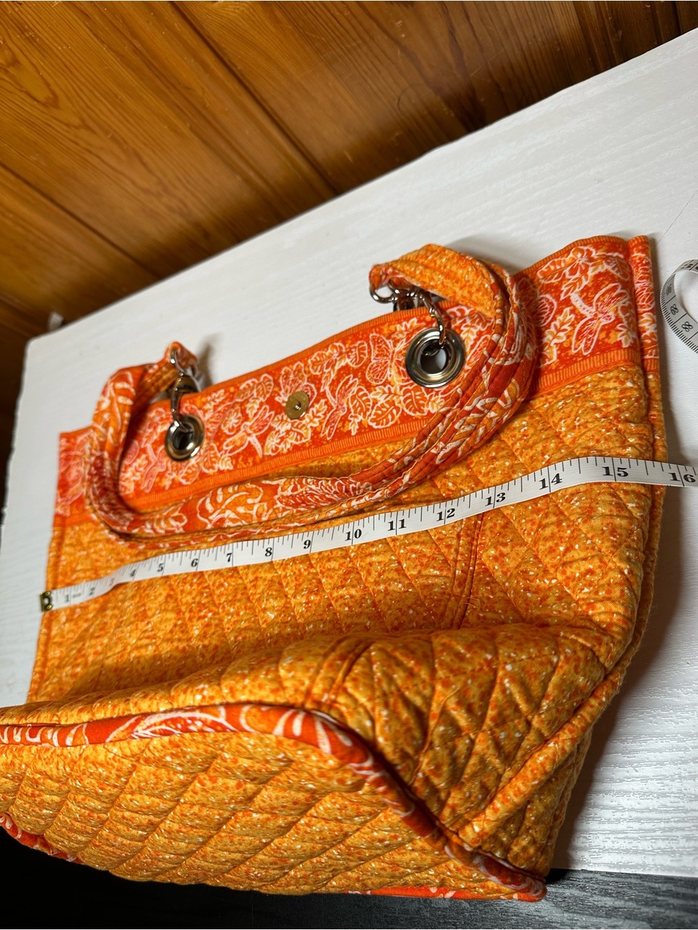 Quilted Orange Floral-Trim Tote Bag - Women's Shoulder Tote - Picture 10 of 14